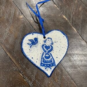 Vintage 1986 Purple Cow Ceramic Heart Ornament Folk Art Girl Blue White USA